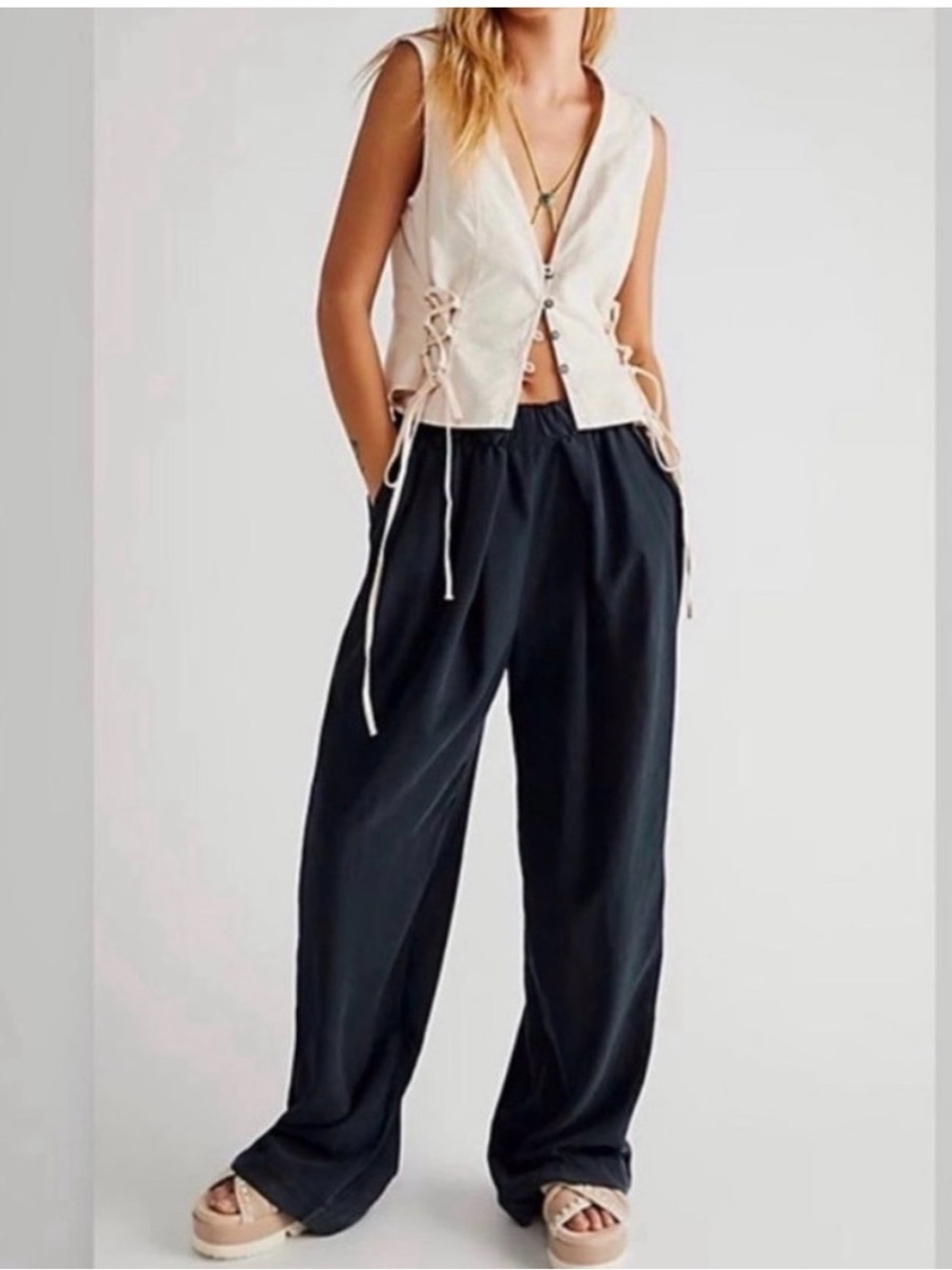 Free People Nothin' to Say Pleated Trousers Large black wide leg pants flowy - Picture 5 of 15